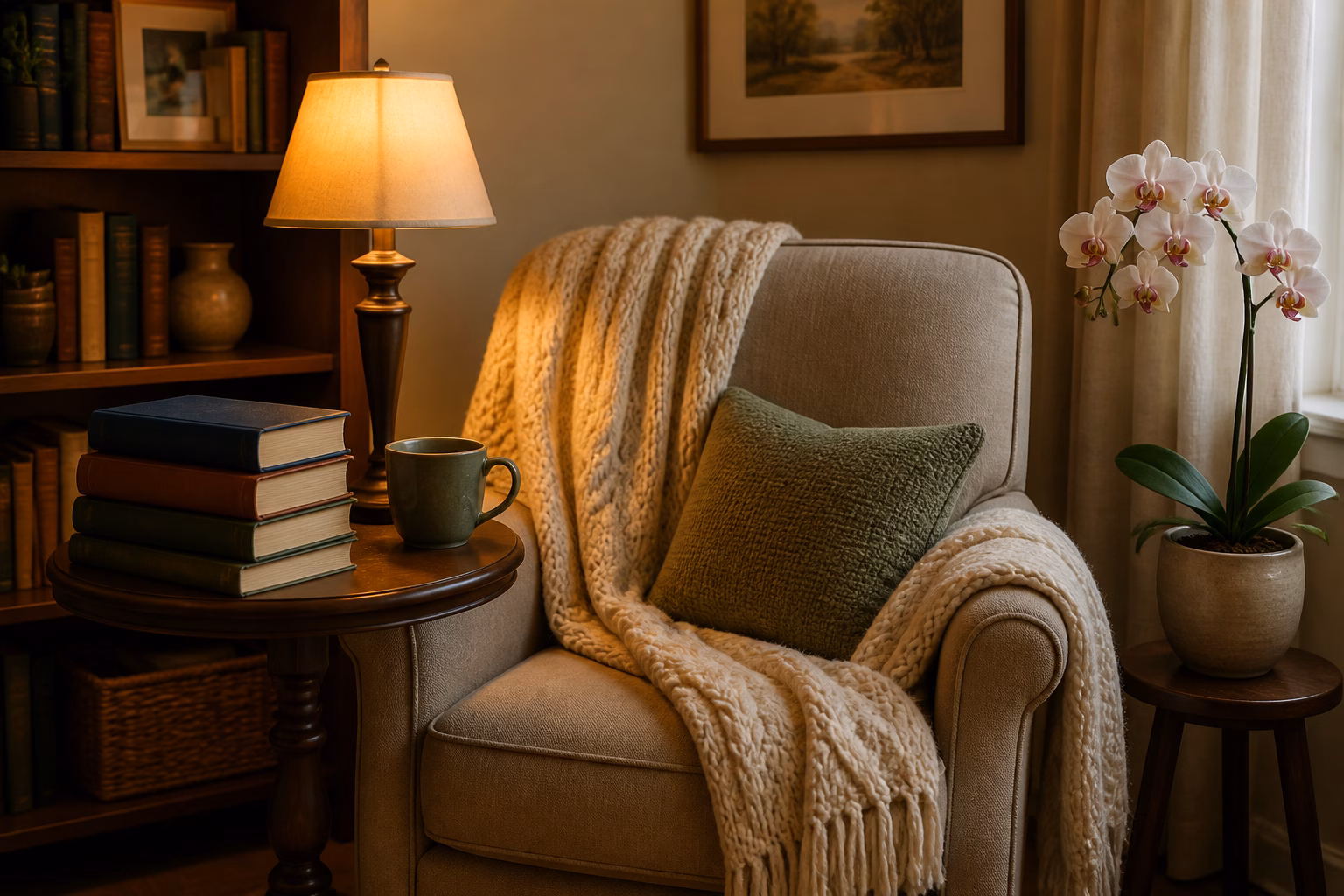 Затишний куточок для читання з книгами та світлом лампи, що символізує підтримку хобі дружини