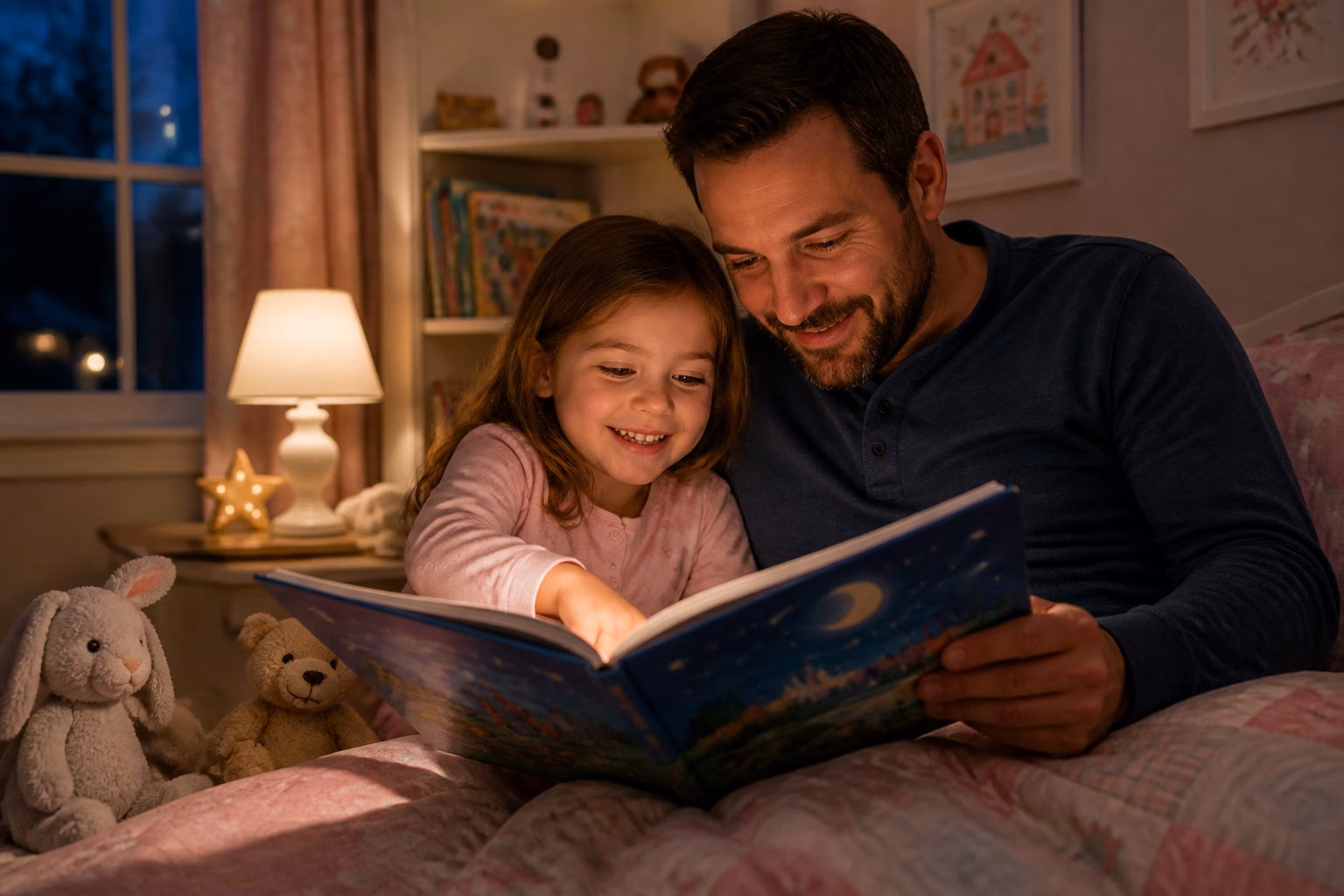 Дівчинка з татом читають книжку в затишній спальні