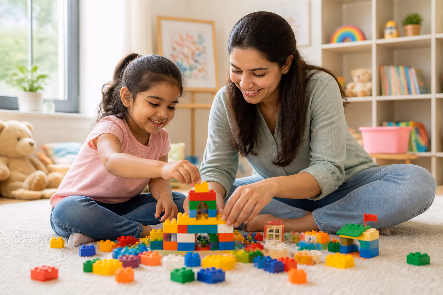 Дівчинка з мамою складають конструктор LEGO у світлій кімнаті