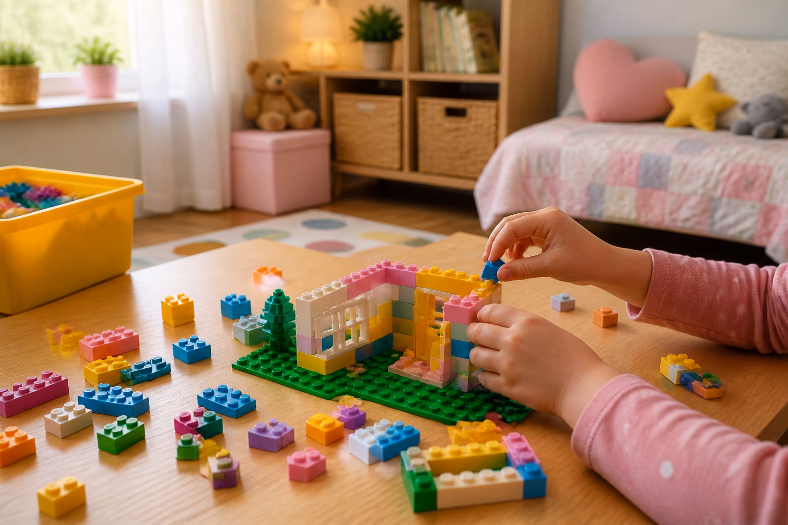 Маленька дівчинка збирає конструктор Lego за столом у світлій дитячій кімнаті
