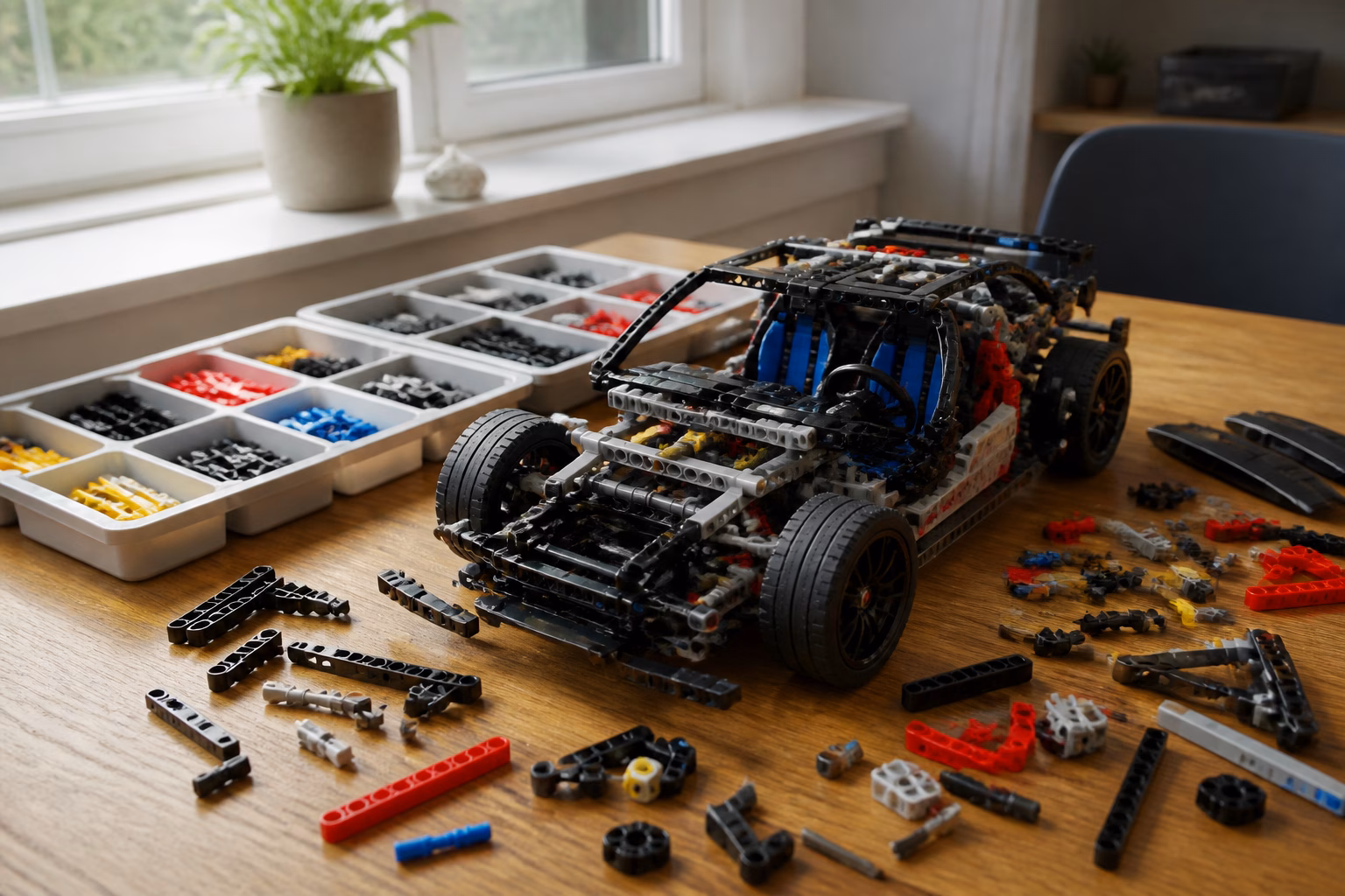Різнокольорові деталі конструктора LEGO Technic на дерев'яному столі