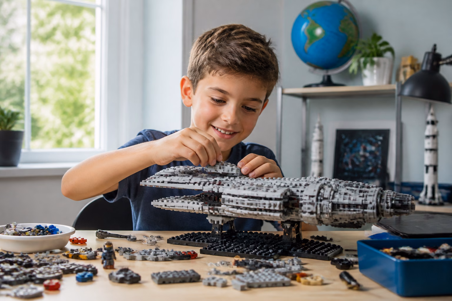 Хлопчик 8 років збирає конструктор LEGO за столом