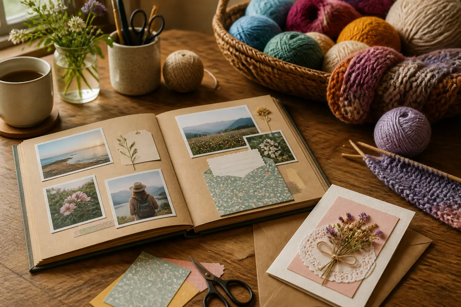 Рукодільні матеріали для handmade подарунка: фотоальбом, пряжа, листівка