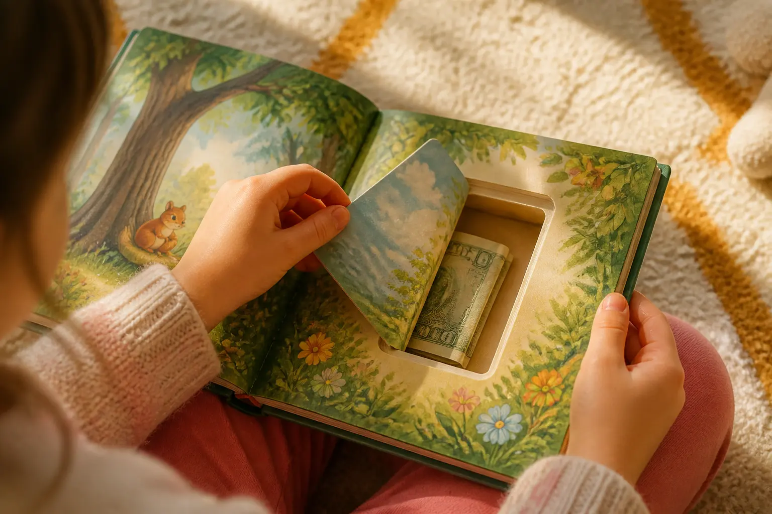 Дитина тримає книгу з грошовим секретом у вирізаному відсіку