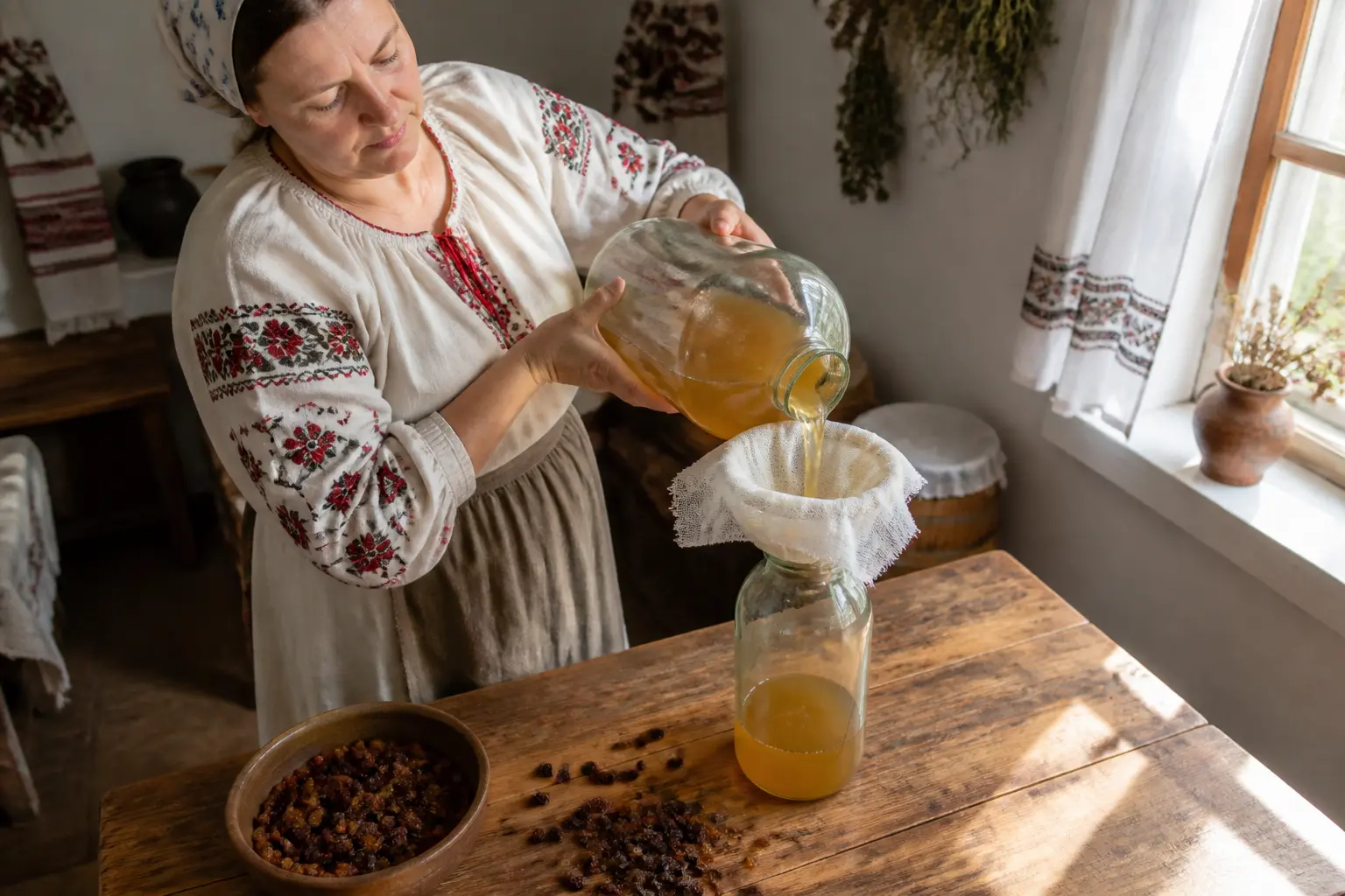 Жінка проціджує домашній квас через марлю у скляну пляшку на кухні