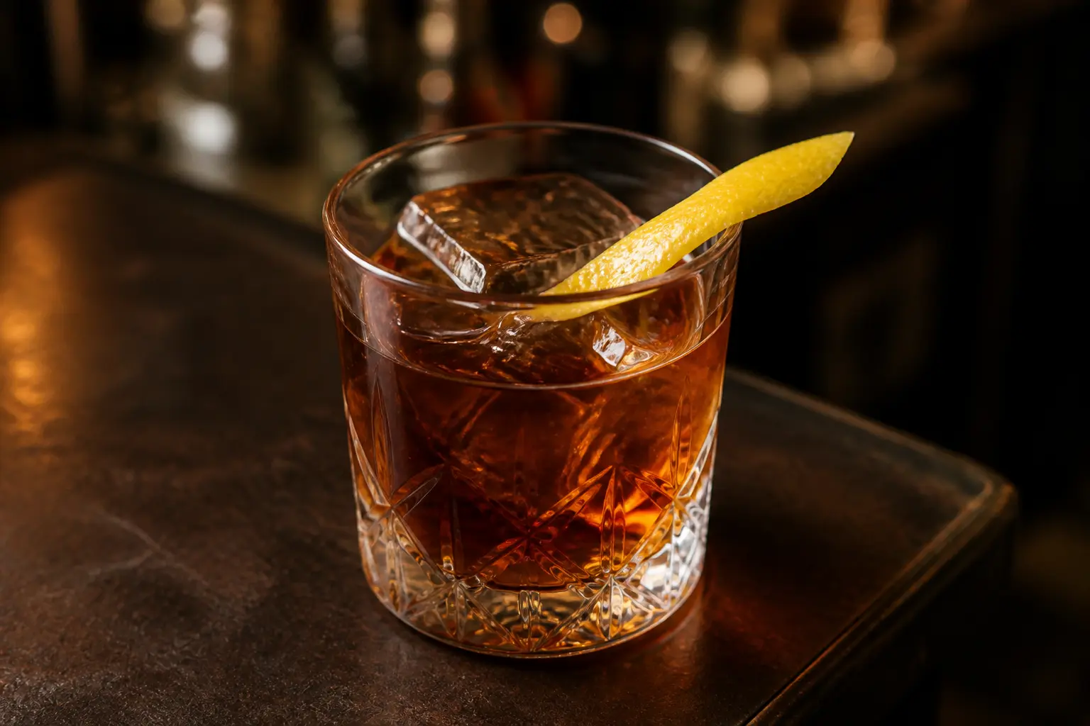 Коктейль з коньяком і сухим вермутом у стакані old fashioned з лимонною цедрою