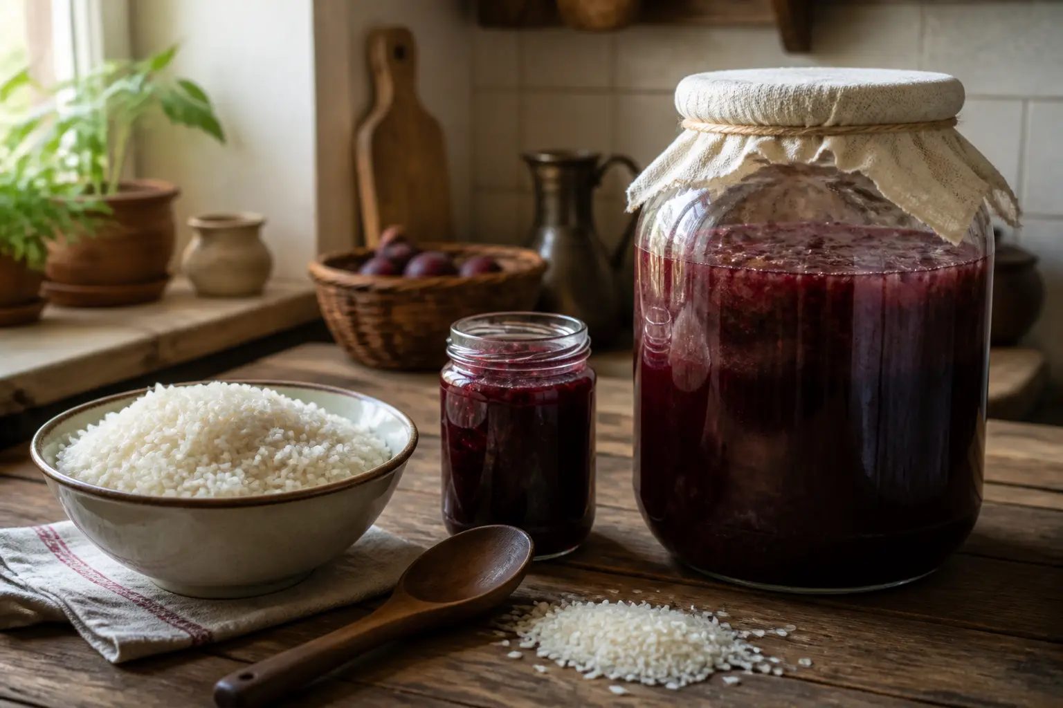 Рис, варення і скляна банка для бродіння вина на кухні