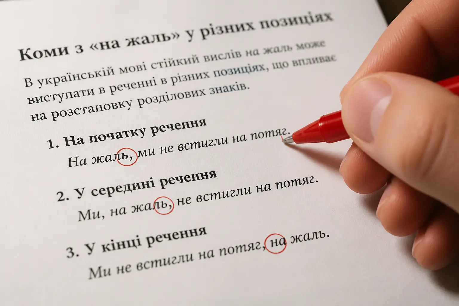 Рука з червоною ручкою вичитує друкований текст і позначає кому