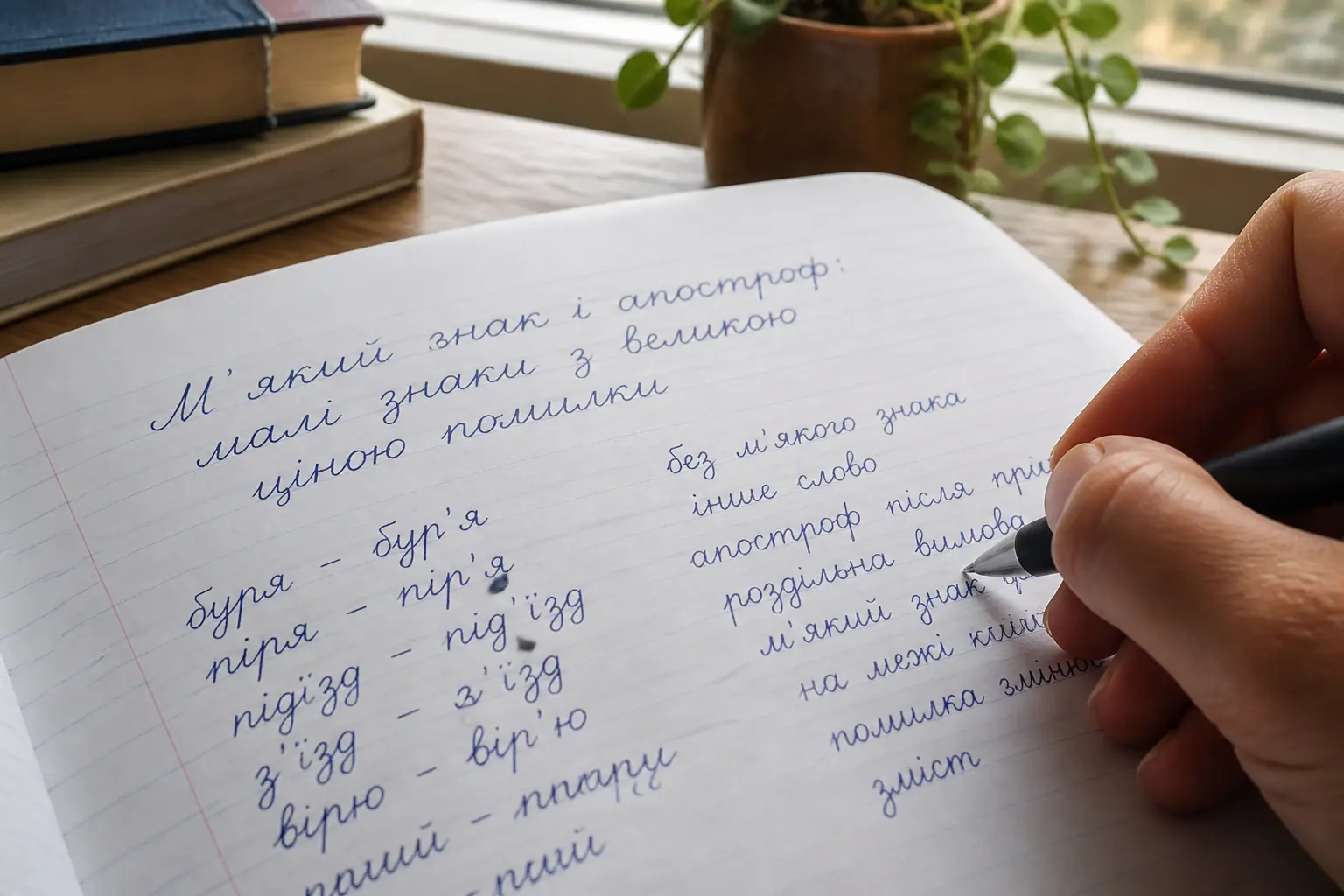 Рука з ручкою над зошитом із рукописним текстом кирилицею