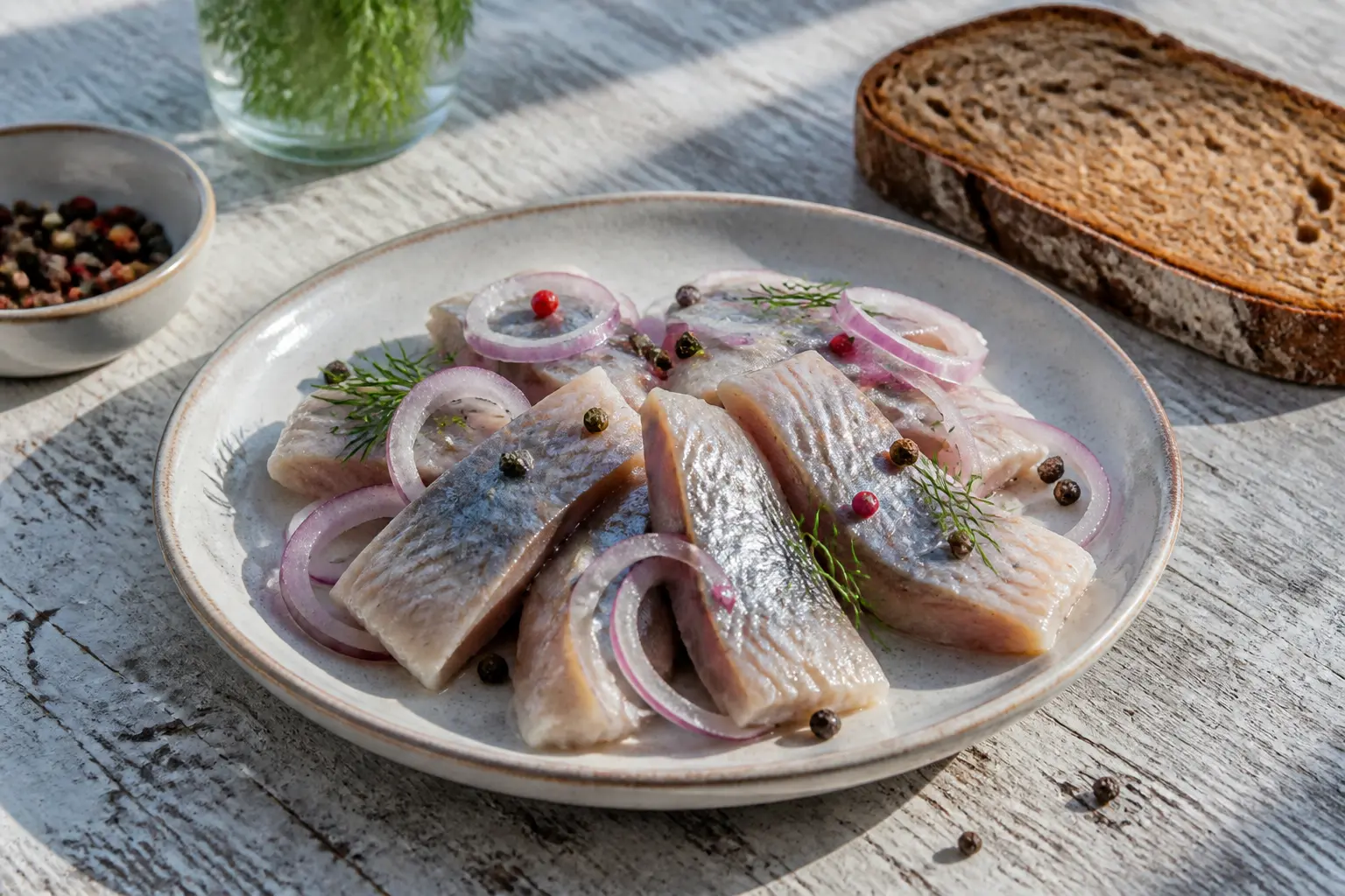 Скибочки малосольного оселедця з кільцями цибулі та кропом на тарілці