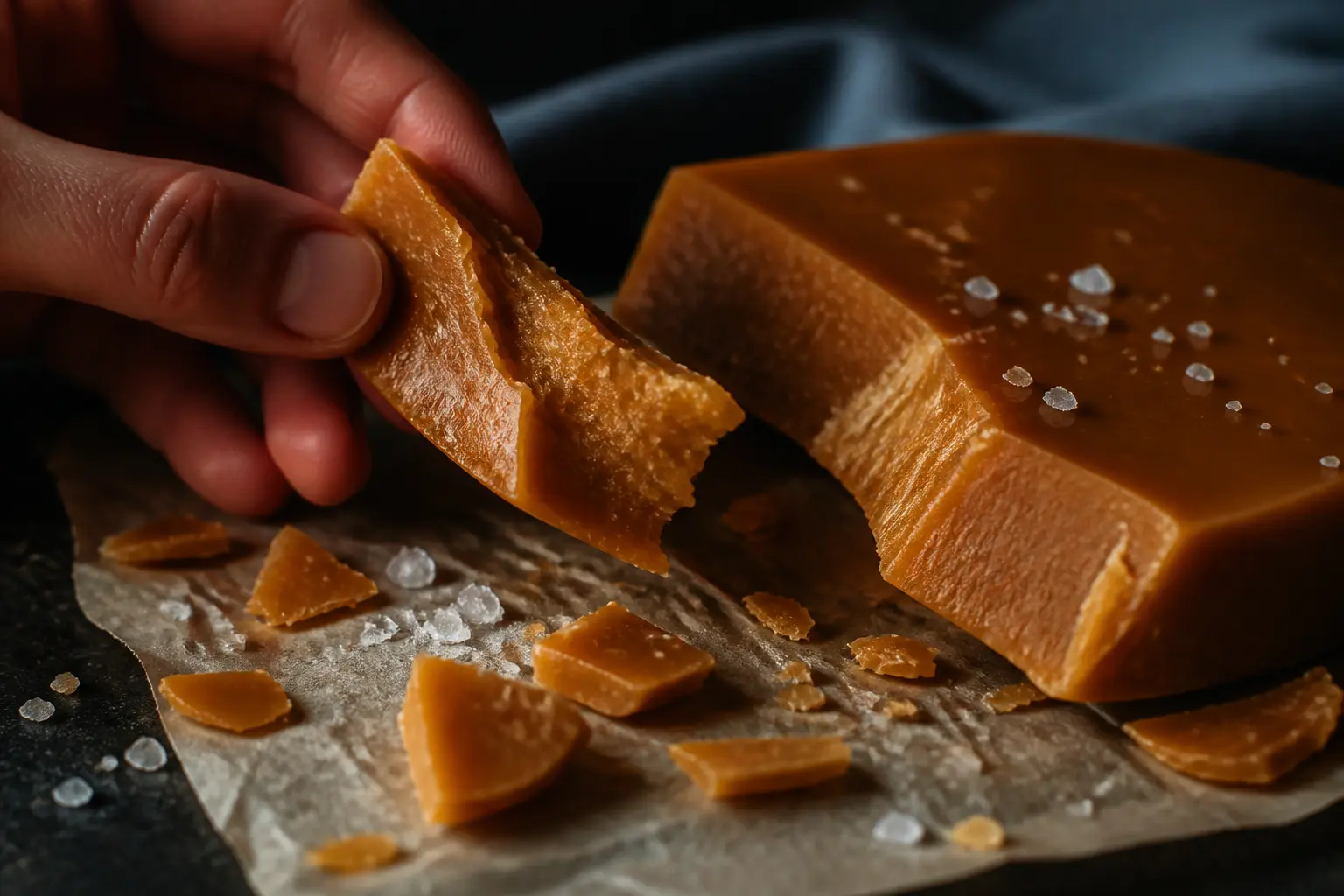 Пластина тоффі, розламана на шматочки, із солоними пластівцями