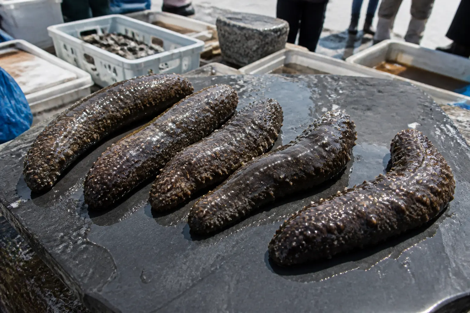 Свіжі морські огірки (голотурії) на рибному прилавку