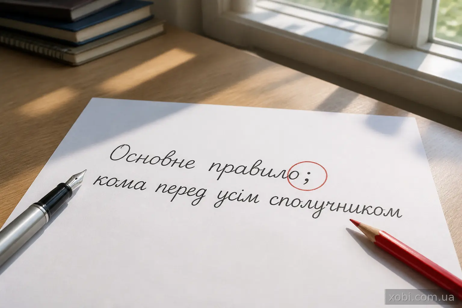 Аркуш із рукописним реченням, де червоний олівець обвів кому перед сполучником