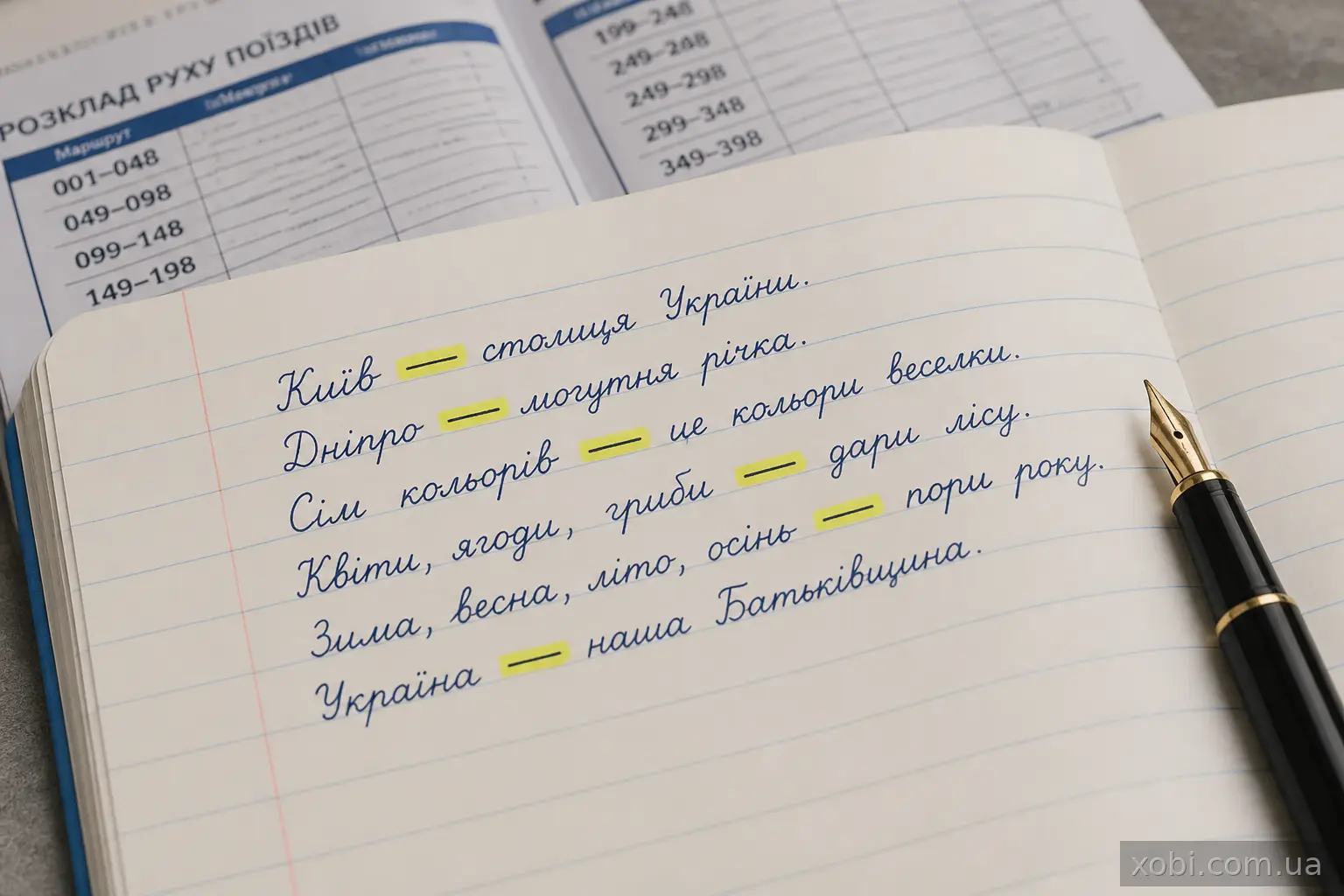 Зошит із реченнями, де виділено тире маркером
