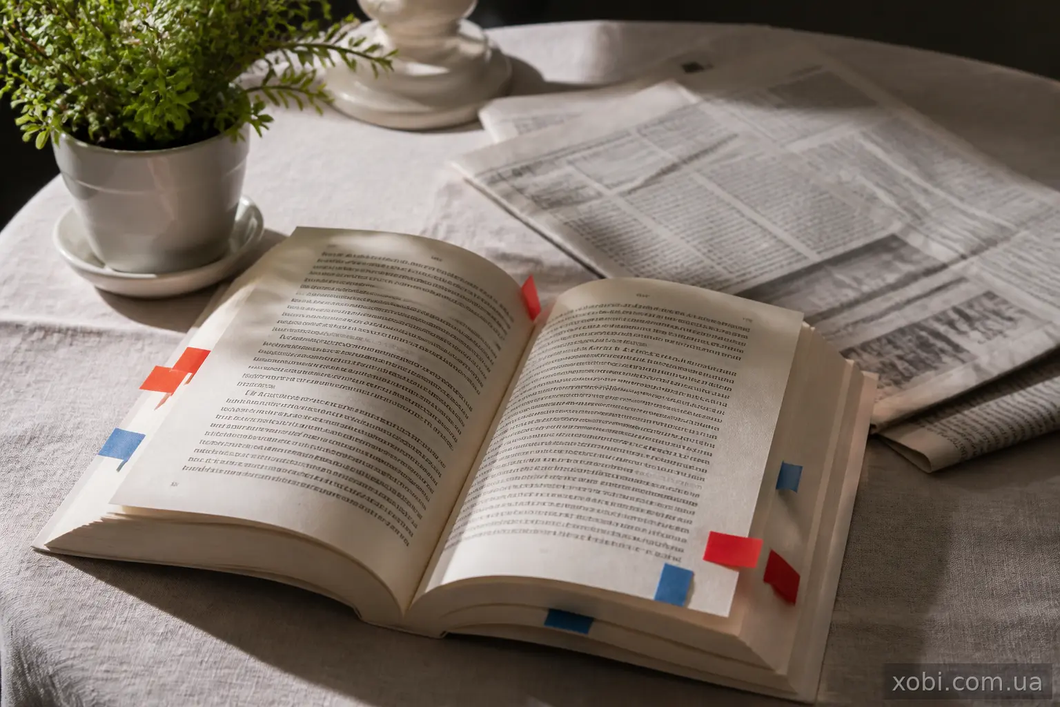 Відкрита книжка з закладками біля цитат на столі