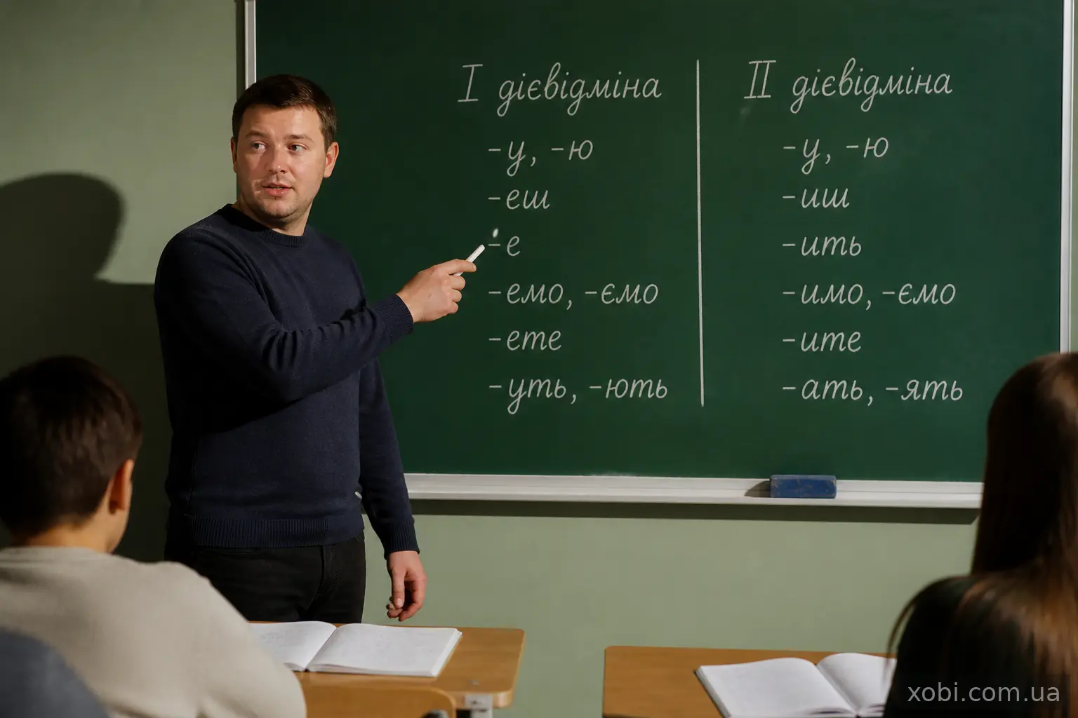 Вчитель біля дошки пояснює дві дієвідміни дієслів