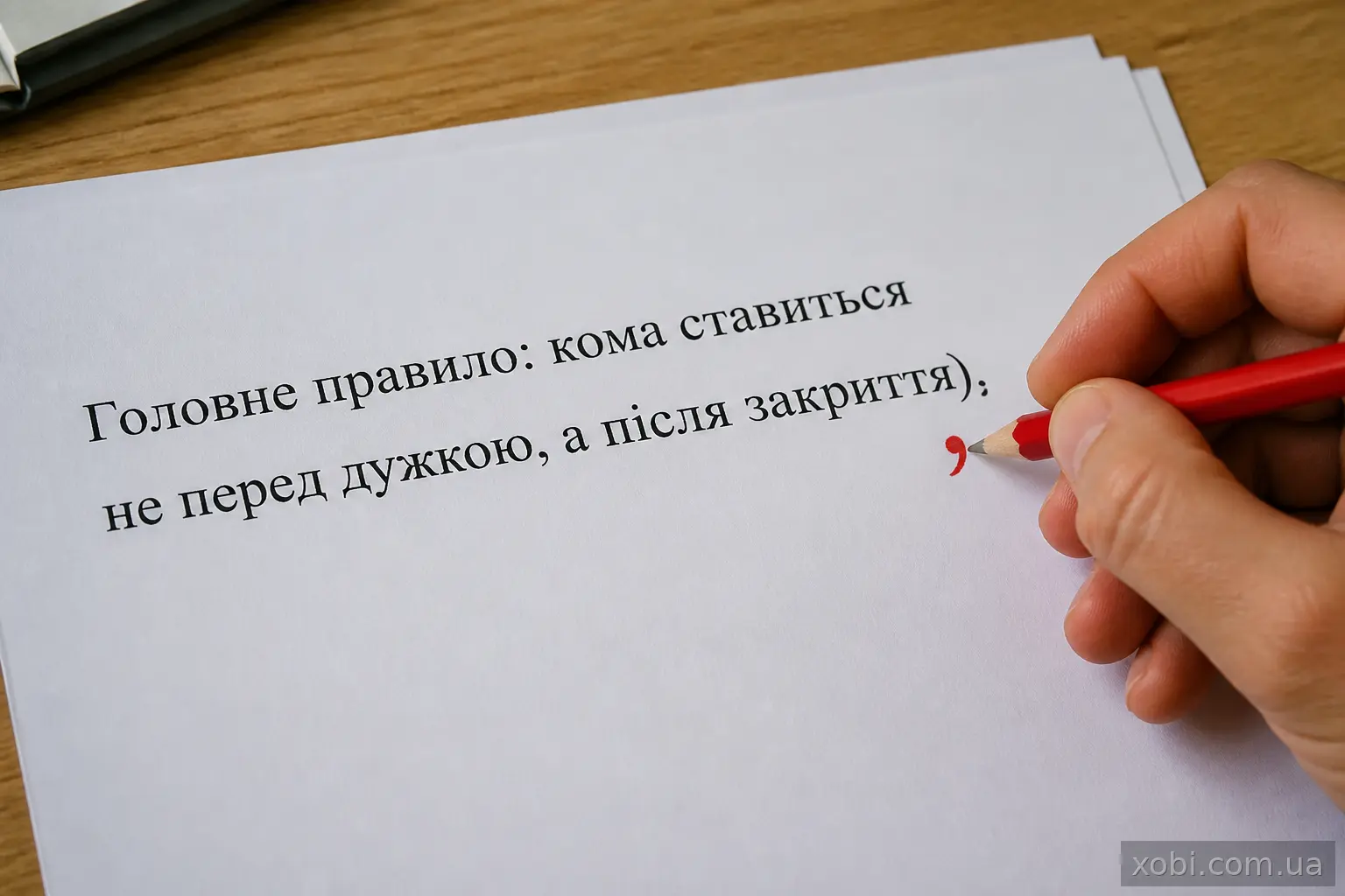 Редактор олівцем позначає правильне місце коми після дужок у друкованому тексті