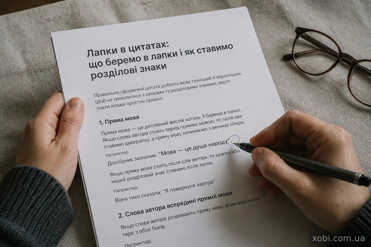 Руки редактора з ручкою перевіряють пунктуацію біля цитати на друкованому аркуші