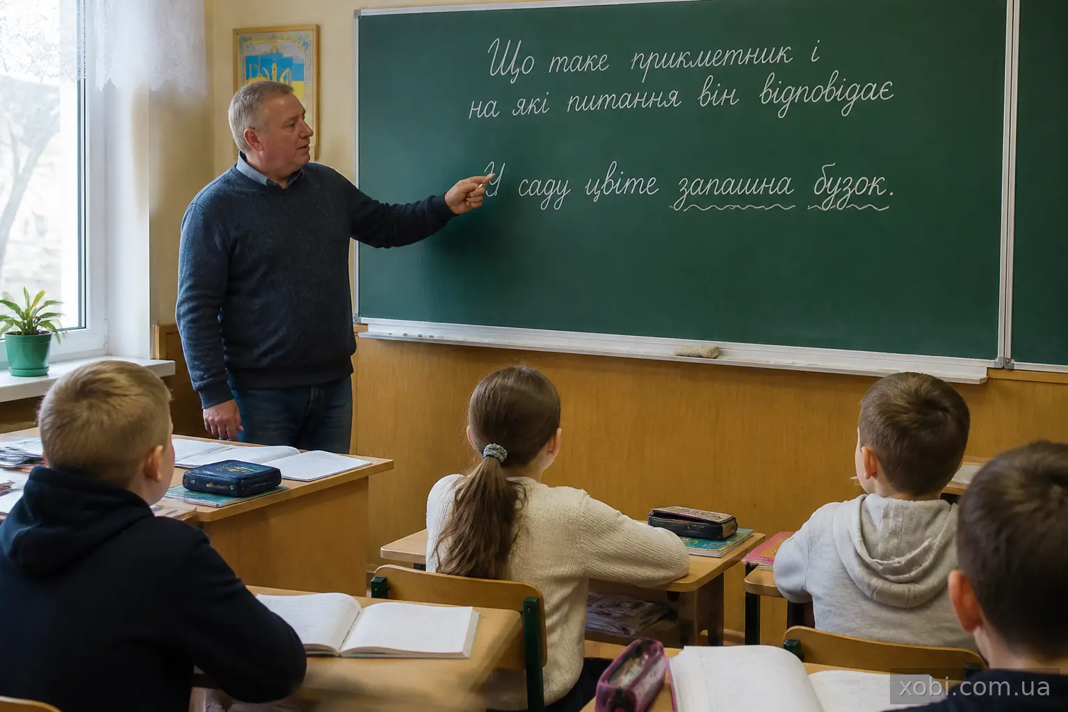 Учителька біля дошки пояснює учням, як ставити питання до прикметника