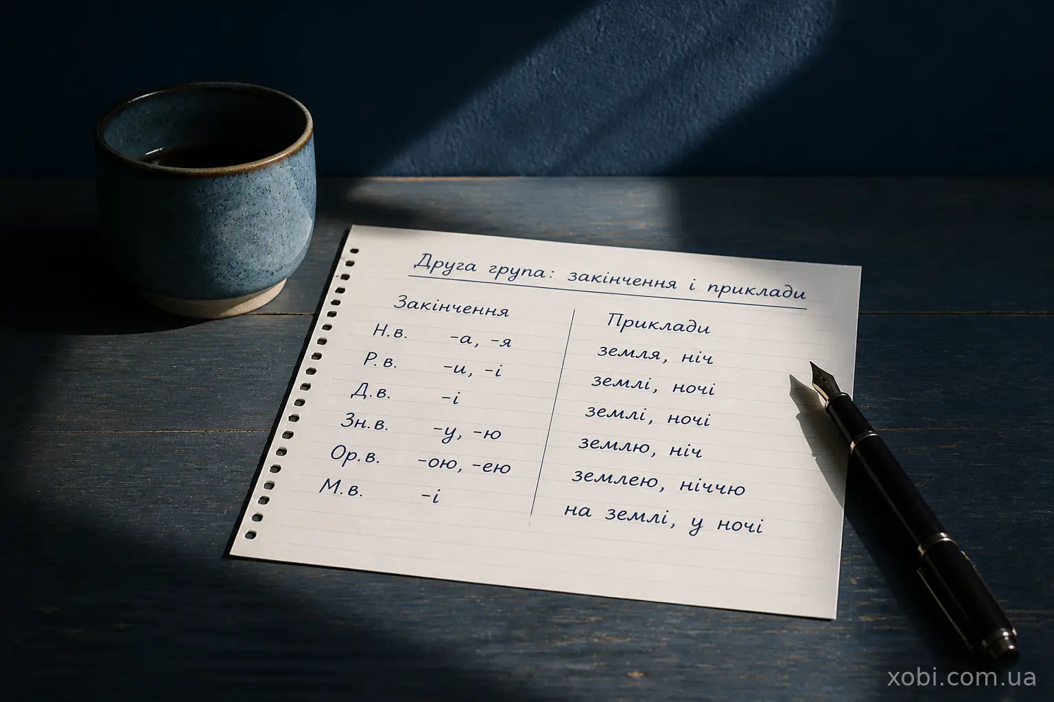 Таблиця закінчень другої групи відмінювання